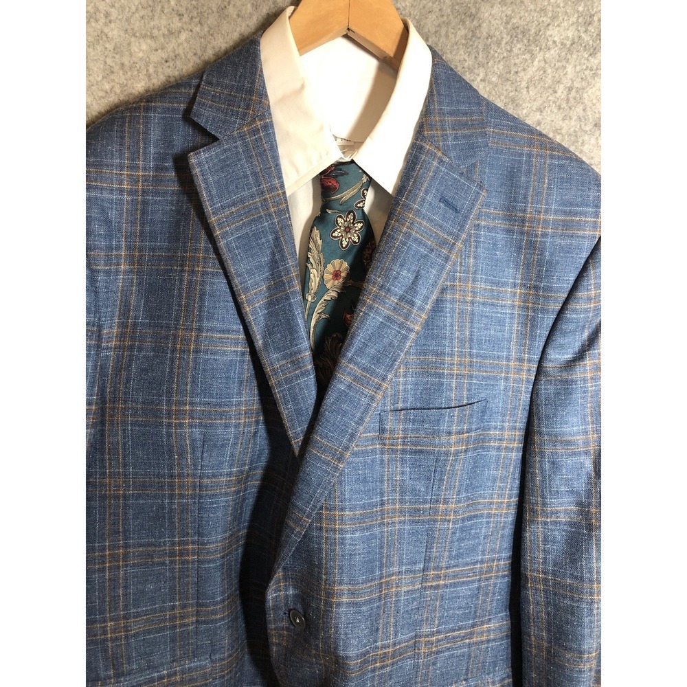 Ralph Lauren Blazer 48 Long Blue Windowpane Wool Silk Linen Sport Coat Classic